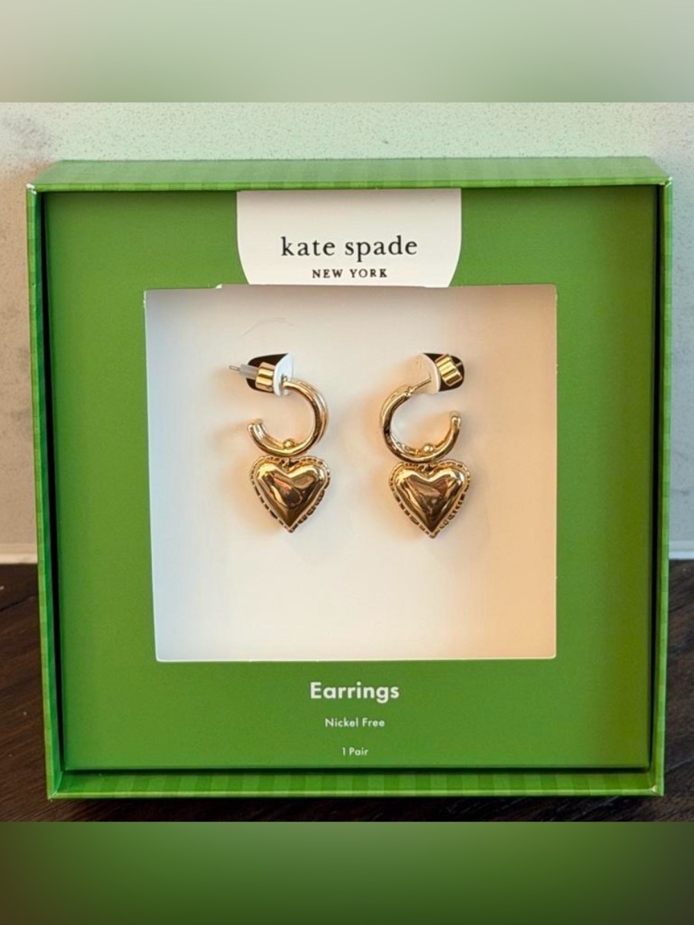 NIB~kate spade Gold Heart Drop Hoop Earrings
